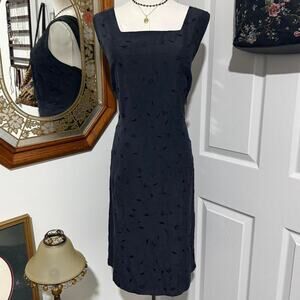 VTG Y2K Dressbarn Black Silk & Linen Blend Floral Embroidery Beaded Sheath Dress